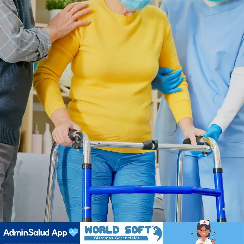 persona mayor con caminador recibe ayuda de auxiliar de enfermería
