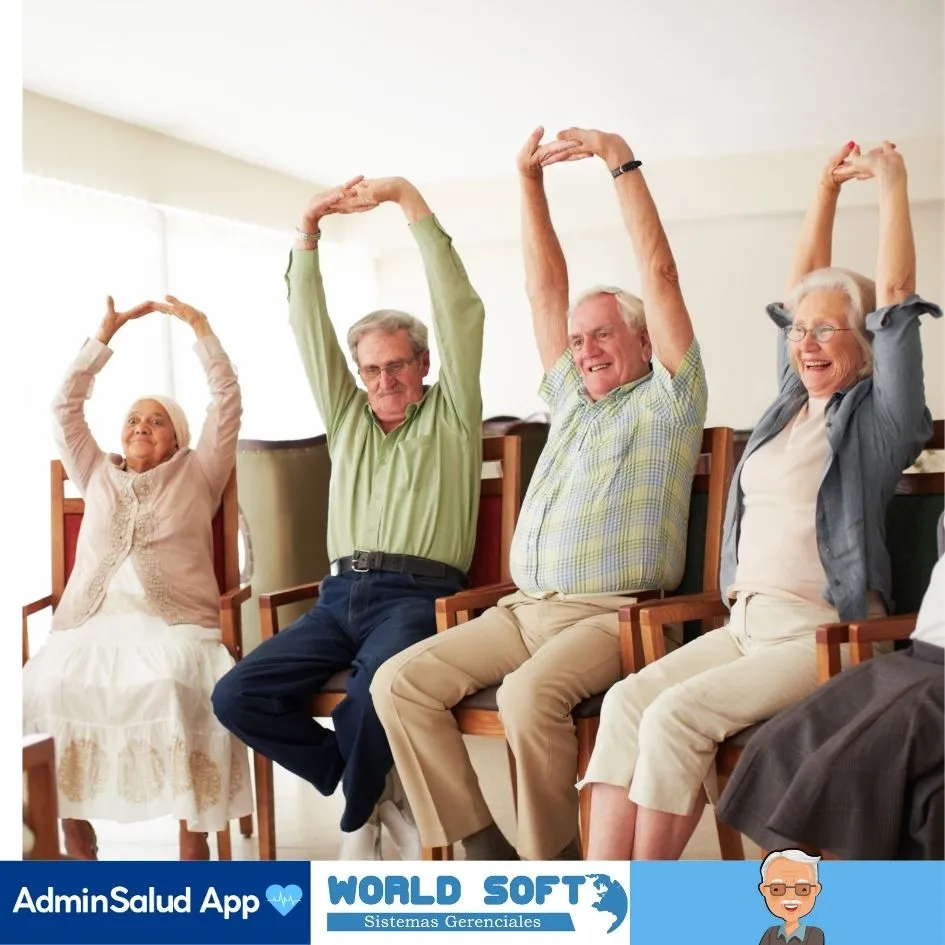 grupo de adultos mayores en un hogar geriátrico realizando estiramientos físicos