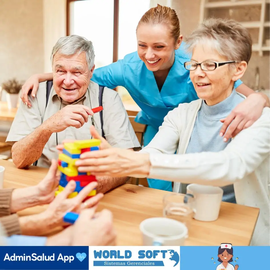 auxiliar de enfermería jugando con dos adultos mayores