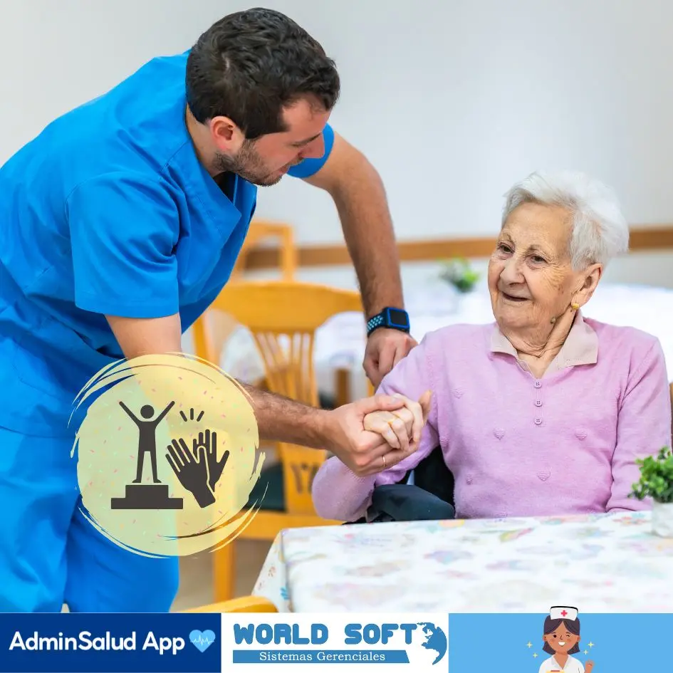 auxiliar de enfermería cuida a una adulta mayor en hogar geriátrico