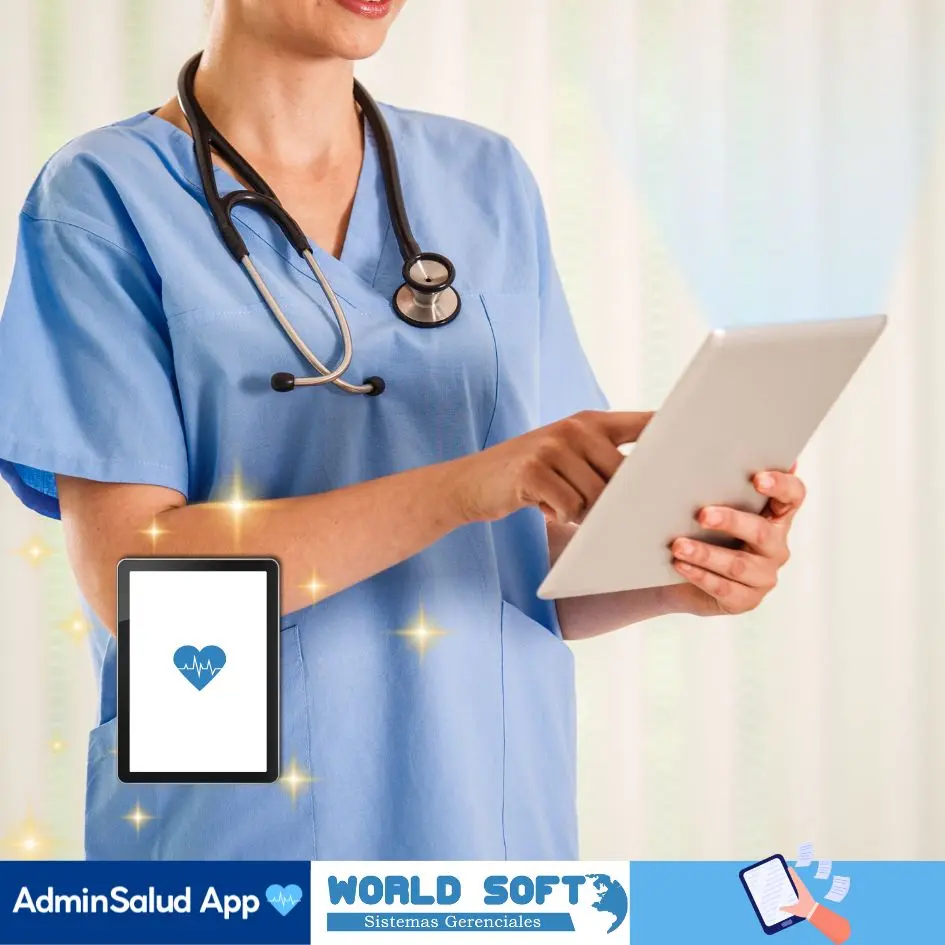 mujer utiliza tablet con adminsalud para realizar notas de enfermería