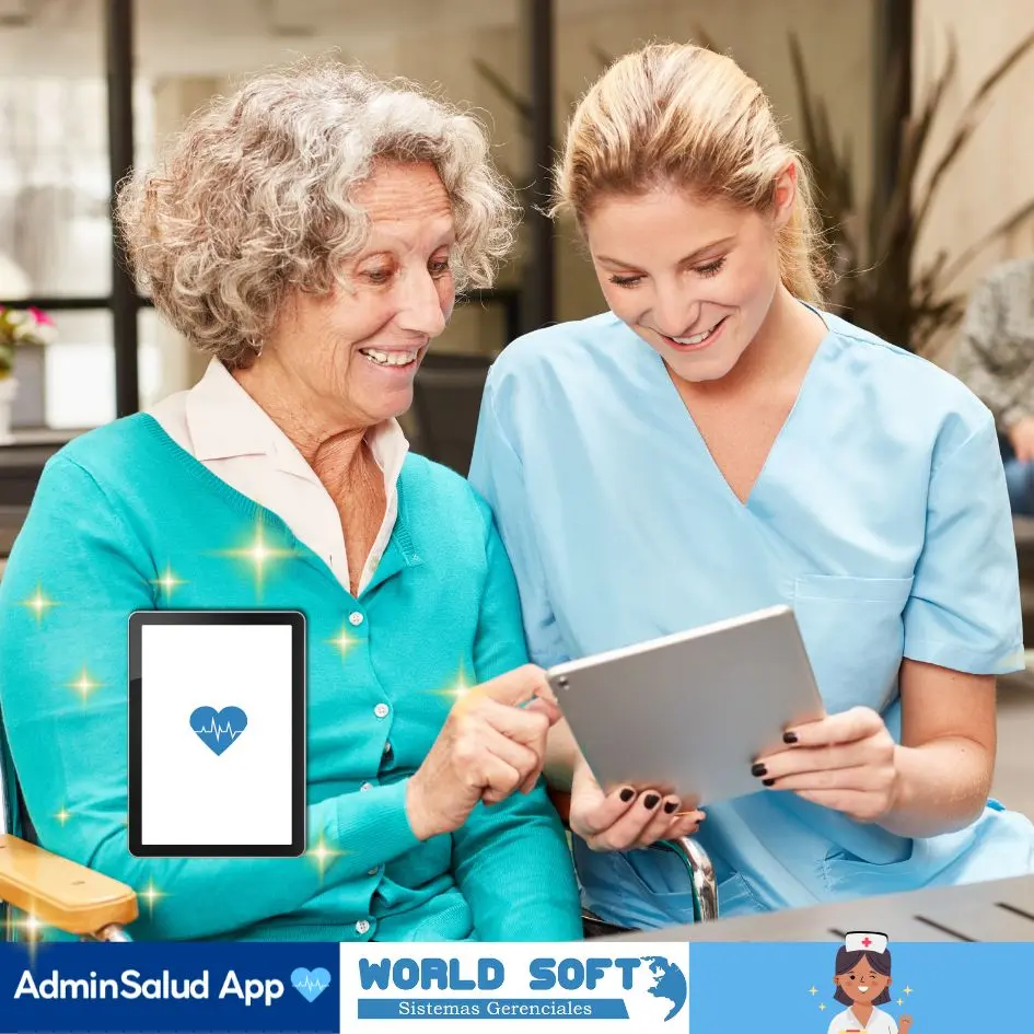 auxiliar usa tablet para notas de enfermería en geriátrico