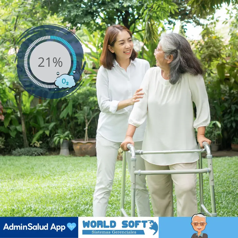 enfermera cuida a una persona mayor con caminador y un gráfico de la cantidad de oxígeno en el aire