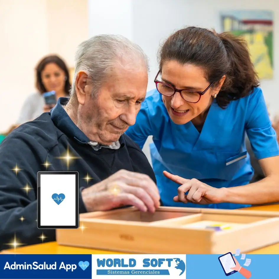 jefe de enfermería realiza actividad recreativa en el hogar geriátrico