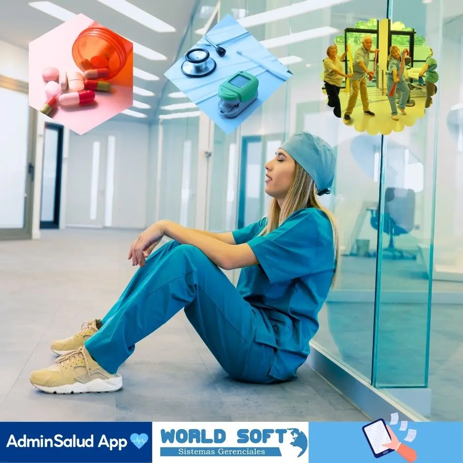 enfermera cansada de la carga de trabajo, que involucra medicación, medición de signos y actividades grupales