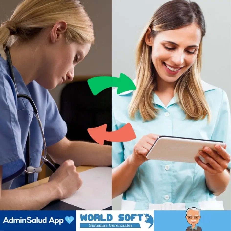 enfermera haciendo papeleo y otra enfermera utilizando software para cuidados de enfermeria