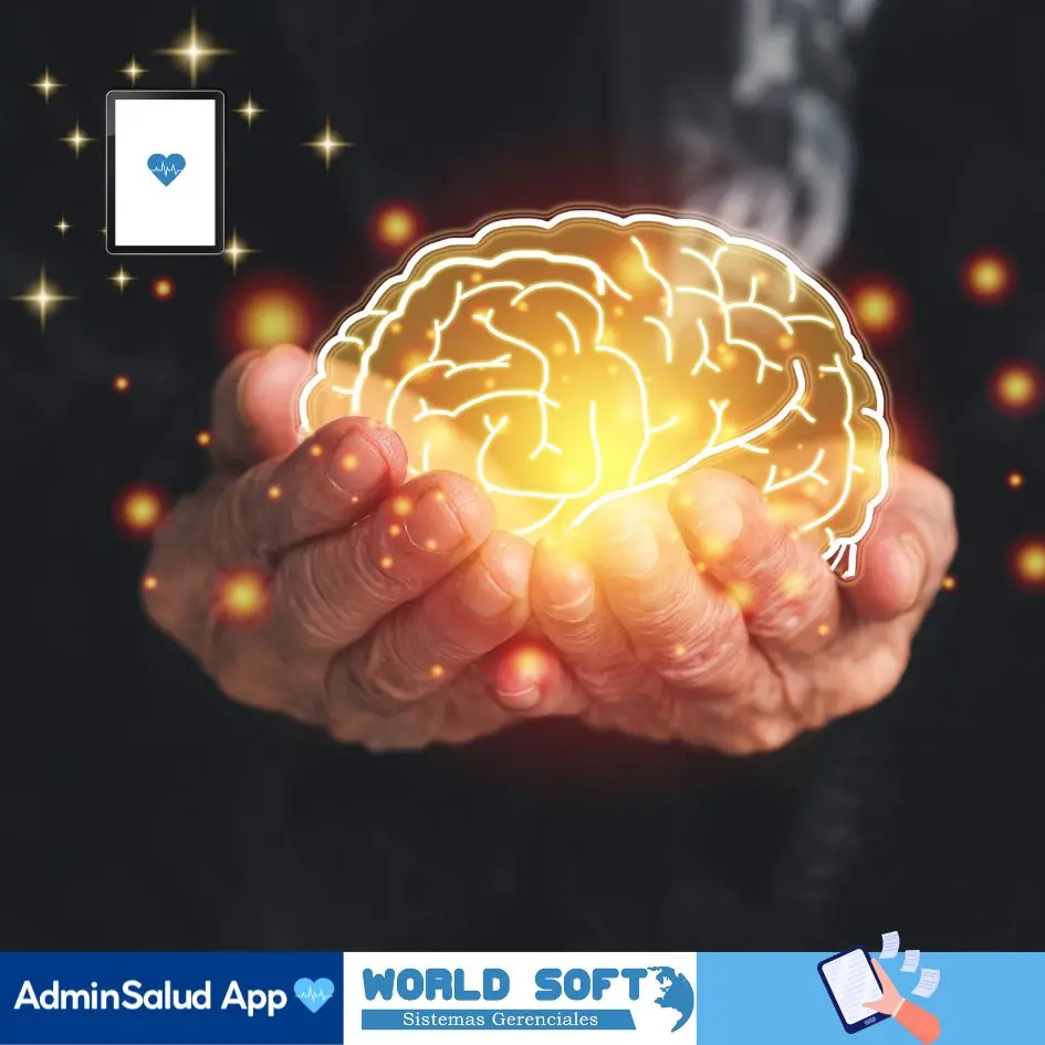 manos de una enfermera sosteniendo el cuidado geriátrico mental representado por un cerebro