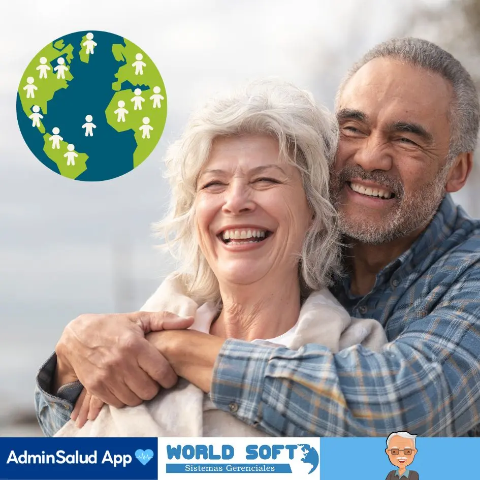 pareja de adultos mayores abrazandose y riendo junto a una animación del planeta tierra con la población en ascenso