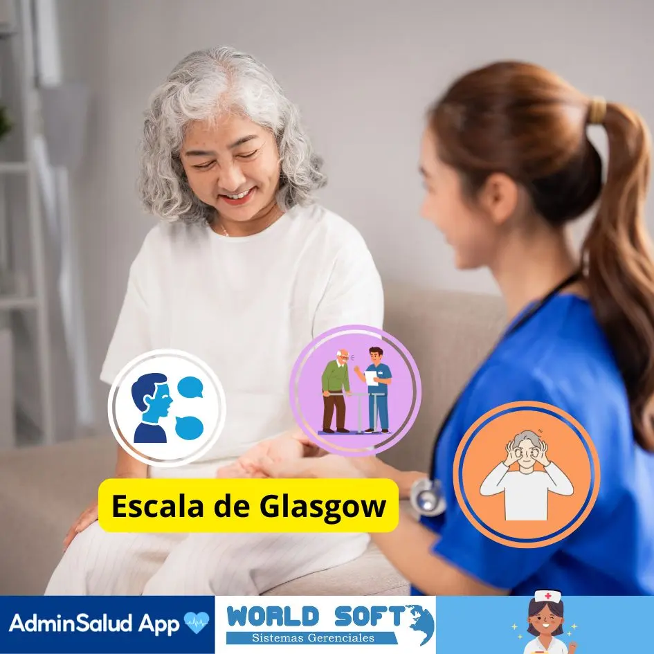 componente de la escala de glasgow y en el fondo una auxiliar de enfermería valorando a un paciente geriátrico