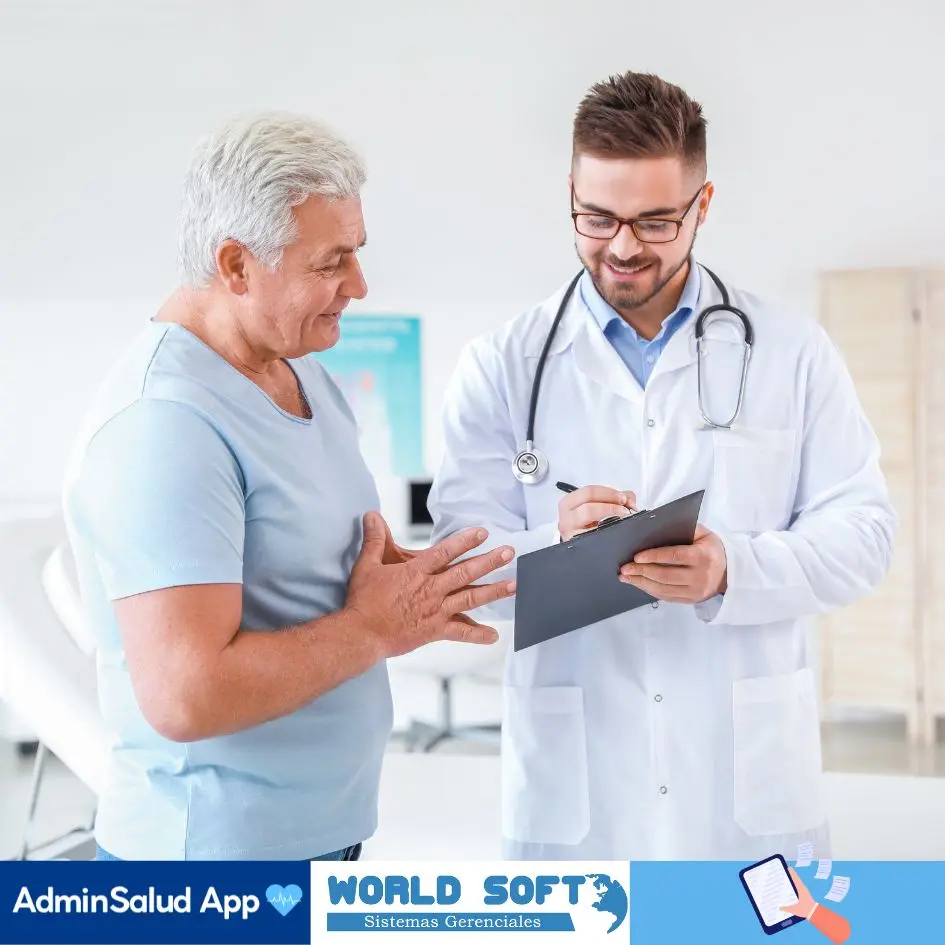 doctor de un residencial geriátrico prescribe recetas a un paciente