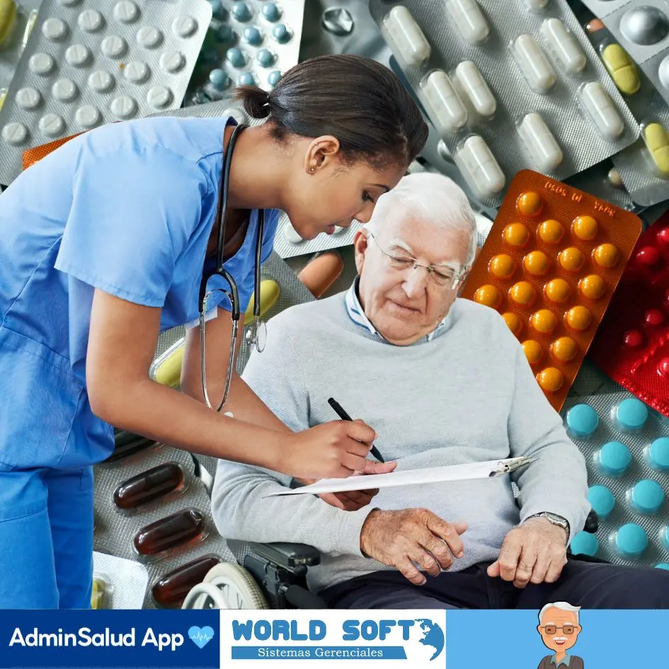 enfermera revisa polifarmacia en el adulto mayor de un hogar geriátrico