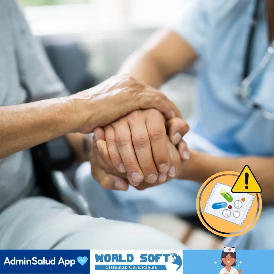 enfermera sujeta la mano de una persona mayor junto a un símbolo de riesgos de la polifarmacia en el adulto mayor