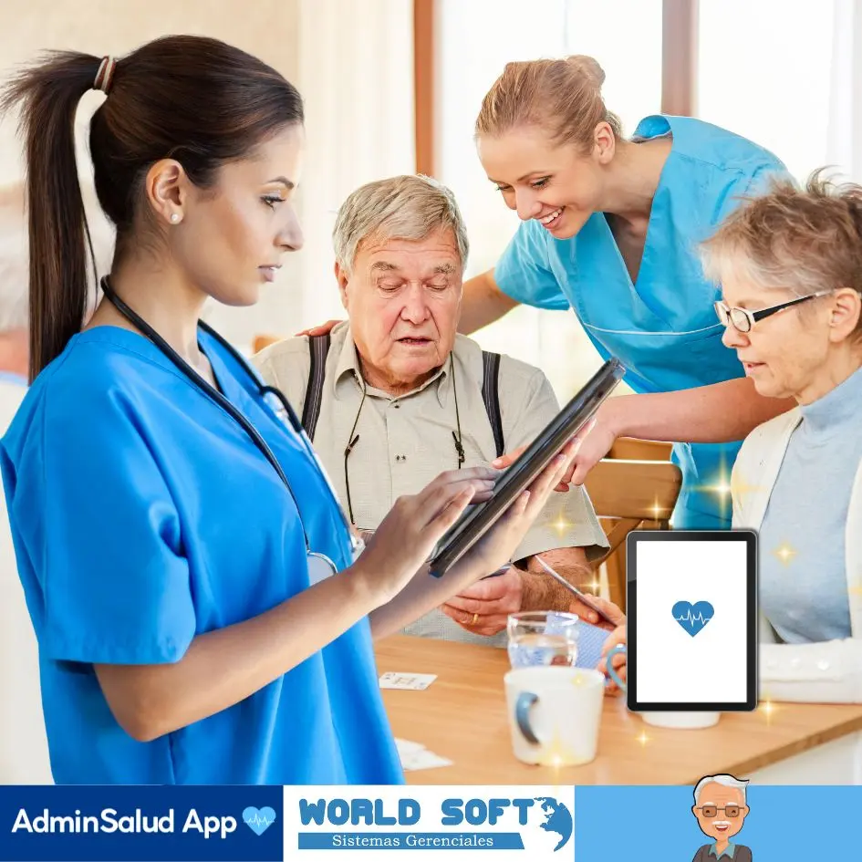 enfermera utiliza software para registrar notas de enfermería en un residencial para el adulto mayor