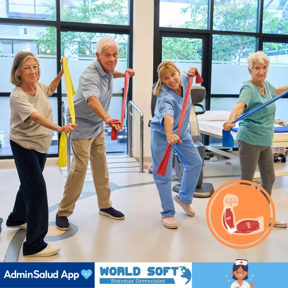 grupo de pacientes junto a una enfermera realizan ejercicios para evitar la sarcopenia en el adulto mayor