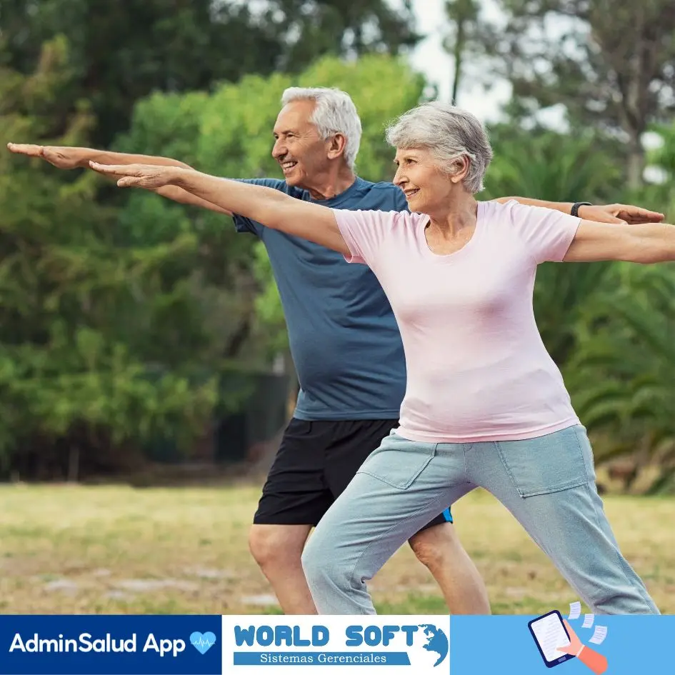 pareja de adultos mayores realizan estiramientos al aire libre