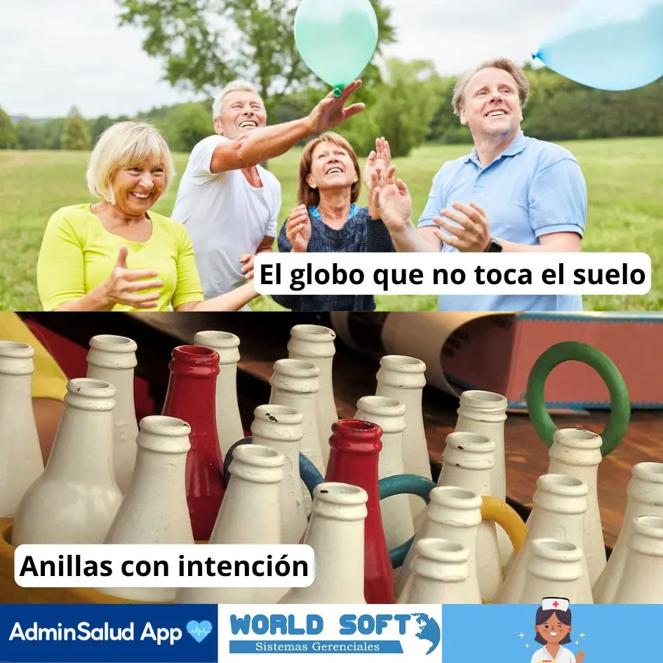 en la parte superior un grupo de adultos mayores juegan con un globo de aire y en la parte inferior un juego de aros, ambos sugeridos para la tercera edad