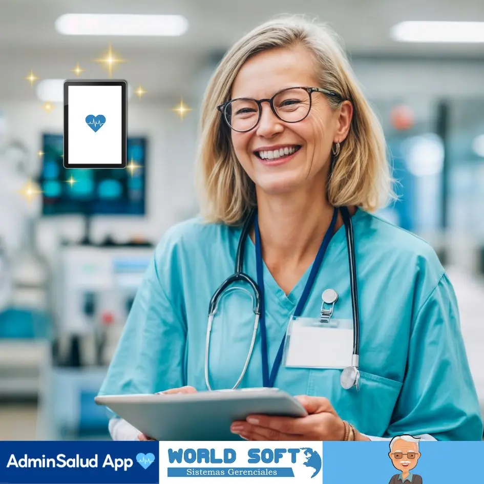 enfermera geriátrica usa tablet para registrar notas de enfermería