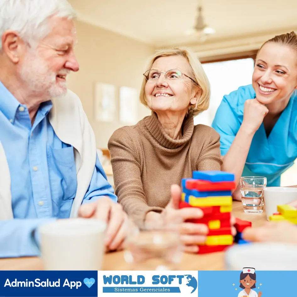 jefa de enfermeras acompaña a dos adultos mayores con actividades recreativas