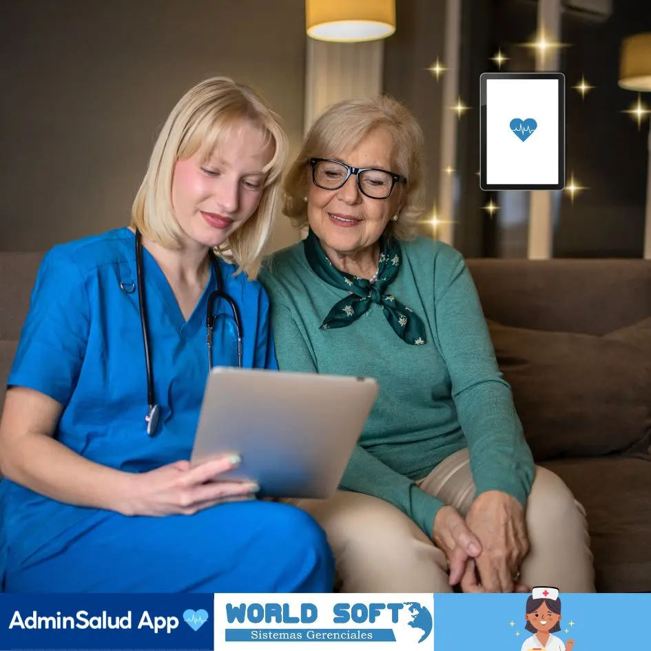 jefe de enfermeras con una adulta mayor realiza notas de enfermería con software geriátrico