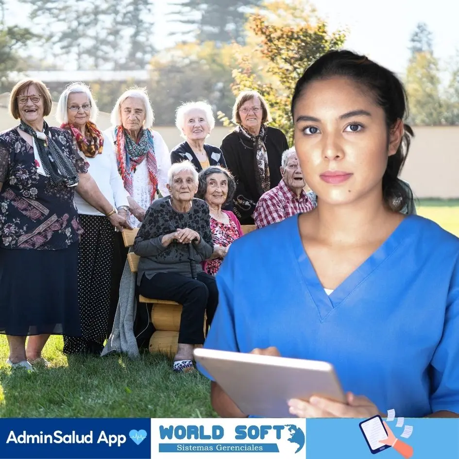 enfermera utiliza software para residencias geriátricas, en el fondo un grupo de adultos mayores felices